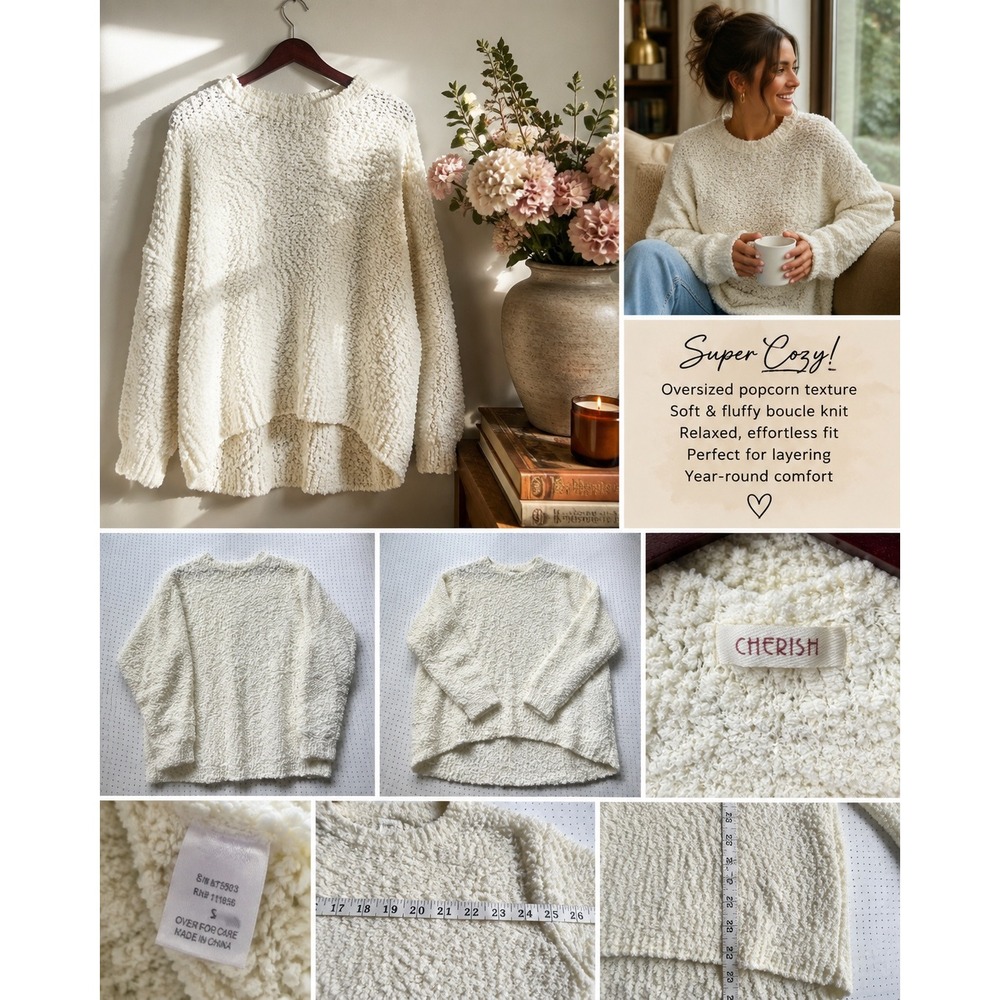 Cherish Womens S Oversized Popcorn Sweater Ivory Boucle Cozy Soft Knit MT5503